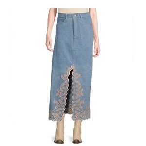 Driftwood Serena Embroidered Denim Maxi Skirt - Pink Promise